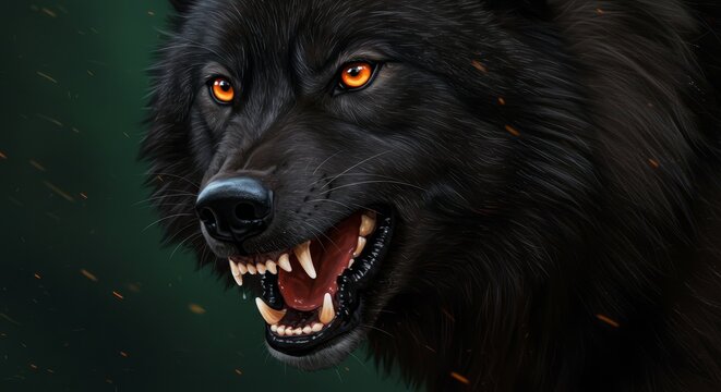 Black Wolf Glowing Eyes Growl - A menacing black wolf with glowing orange eyes and bared teeth growls fiercely. Symbolizing power, danger, wildness, mystery, and the untamed