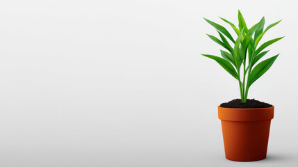 Fototapeta premium A small green leafy plant grows in a simple orange terracotta pot, set against a clean white background, creating a minimalist and natural aesthetic scene.