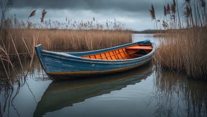 A single moored boat made of wood on Lake Ohrid surrounded by reed grass on a calm, cloudy day