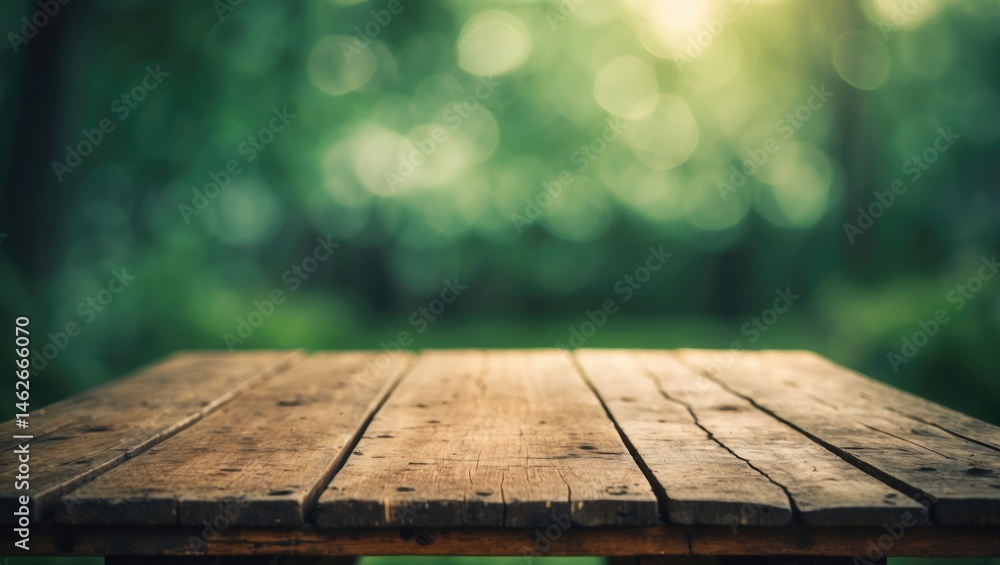 Poster minimalist rustic table in front of an abstract bokeh background for product presentation and picnic