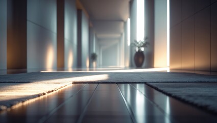 Blurred background of an elegant indoor corridor adorned with exquisite rugs and expansive windows, allowing natural light to create a warm setting.