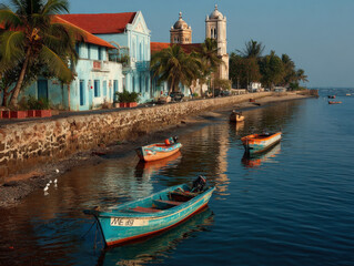 Obraz premium Coastal or river scene of Kalutara, Sri Lanka, with local boats and temples