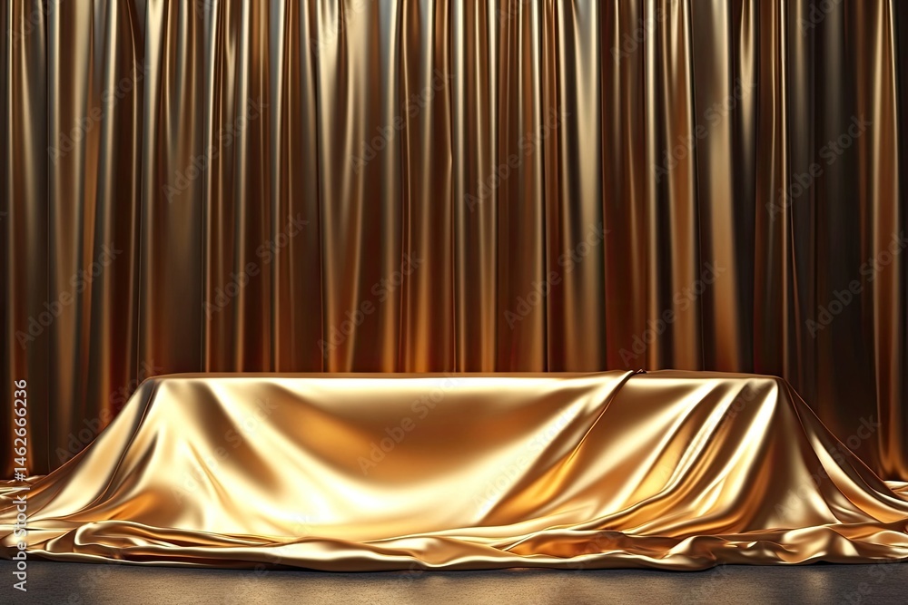 Poster golden backdrop with shiny drapes and wrapped object on ground, studio shot