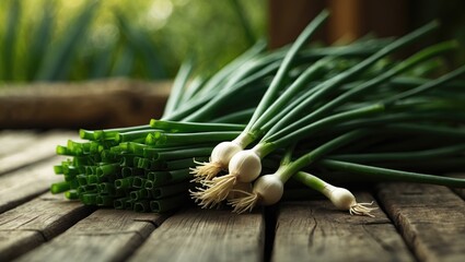 Close-up of vibrant chives on a rustic wooden table for cooking ingredients