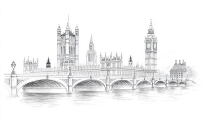 Naklejka premium Pencil sketch of iconic bridge and clock tower architecture