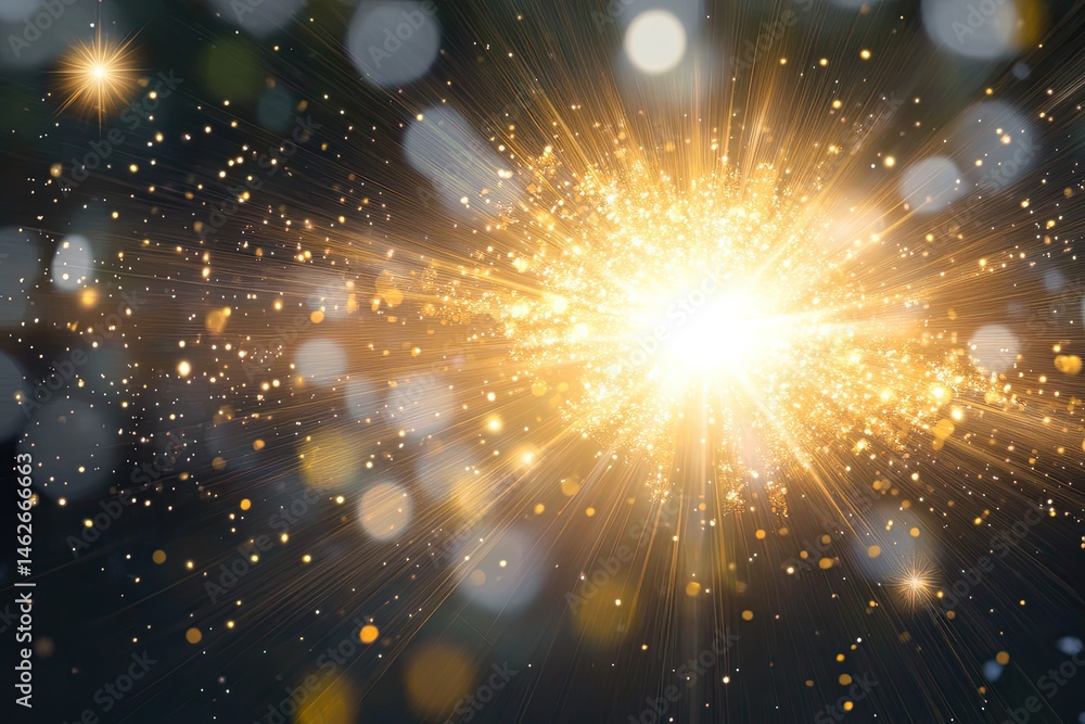 Poster golden explosion with shiny light rays, sparkling particles, and bokeh effects