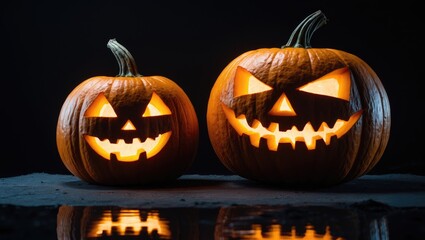Spooky jack-o-lanterns glowing in the dark isolated on background