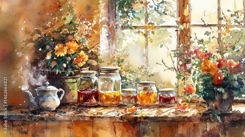 Poster sunlight streams through a window, casting a warm glow on a wooden table filled with various jars of