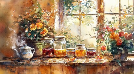 Sunlight streams through a window, casting a warm glow on a wooden table filled with various jars of tea and colorful flower arrangements, creating a cozy atmosphere