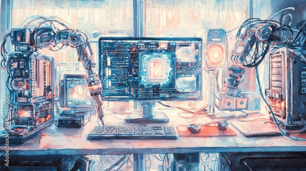 Poster a futuristic workspace features sleek robotic arms, a large monitor displaying intricate data, and h