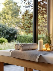 Spa relaxation room with a towel rack