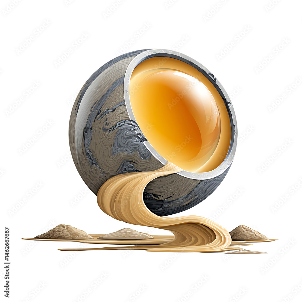 Poster abstract 3d rendering of a gray stone sphere with a translucent amber core, sand flowing from its ce