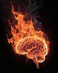 Human brain on fire with intense flames and sparks against a dark background, symbolizing burnout.