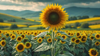 Obraz premium Magnificent sunflower landscape close-up with natural sunflower background and blooming backdrop, illustrating agricultural ideas