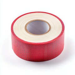 Close up of a red roll of tape with grid pattern on white background