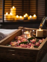 Aromatic spa experience, complete with wooden basket full of roses and lit candles, inviting relaxation in a candlelit ambiance