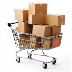 Shopping cart filled with cardboard boxes stacked high on white background