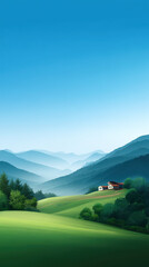 Obraz premium A serene landscape illustration displays rolling green hills and distant mountains under a clear blue sky with a small house led amongst the trees and fields.