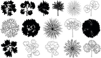 Vector set of Top view green tree for outdoor plan or map and architecture drawing, elements for environment and garden ,botanical elements ,Blooming flowers in spring