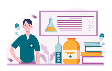 Pharmacist with lab tools and books. Vector illustration