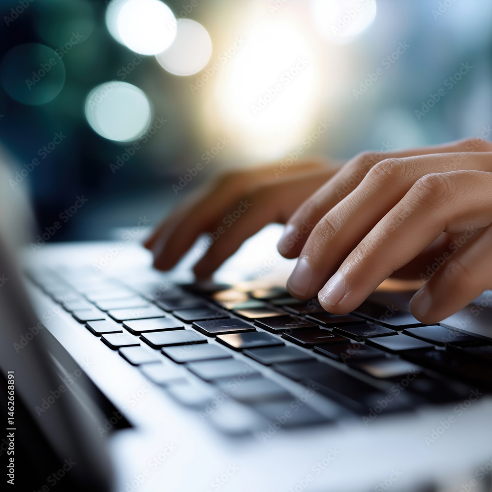 Poster typing on a laptop keyboard with soft lighting in a modern workspace during evening hours