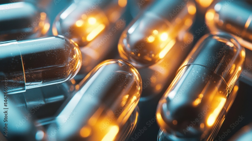Poster a collection of transparent capsules filled with shimmering golden liquid is stacked closely togethe