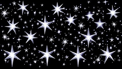 Night sky filled with twinkling stars.  Many luminous,  pointed stars.  A dark background
