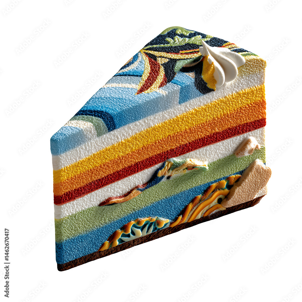 Poster a vibrant slice of layered cake with colorful, sparkly layers and a swirl of frosting. the cake is s