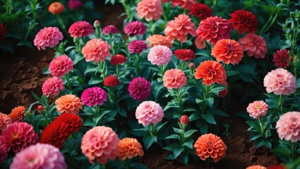 Fototapeta premium Zinnia flowers blooming in a garden flower bed close-up, serving as a natural botanical floral wallpaper backdrop background pattern in nature.