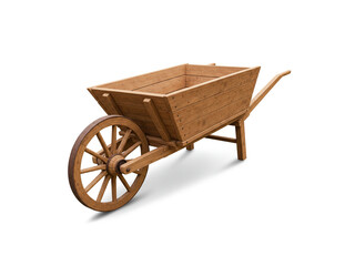 Vintage wooden wheelbarrow isolated on white background.