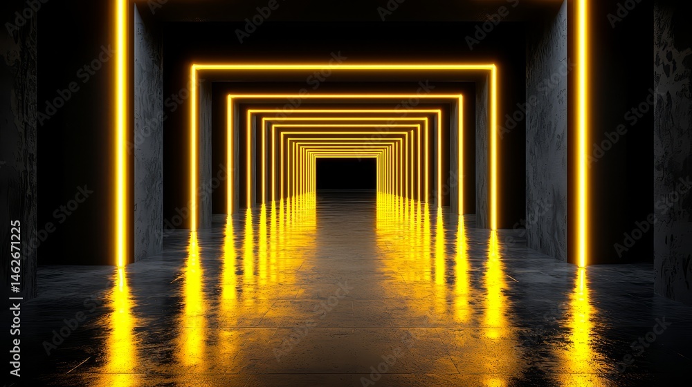 Aufkleber long hallway with yellow lights on the floor. the hallway is dark and empty. the yellow lights creat