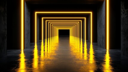 Long hallway with yellow lights on the floor. The hallway is dark and empty. The yellow lights create a warm and inviting atmosphere