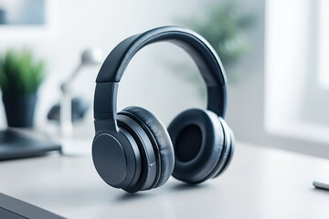 Pair of headphones resting on desk, illuminated by soft lamp light.