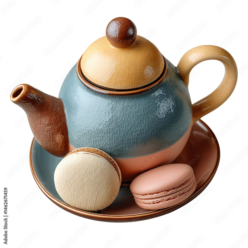 Poster overhead view of a rustic style teapot with two macarons on a small saucer. the teapot is blue, brow
