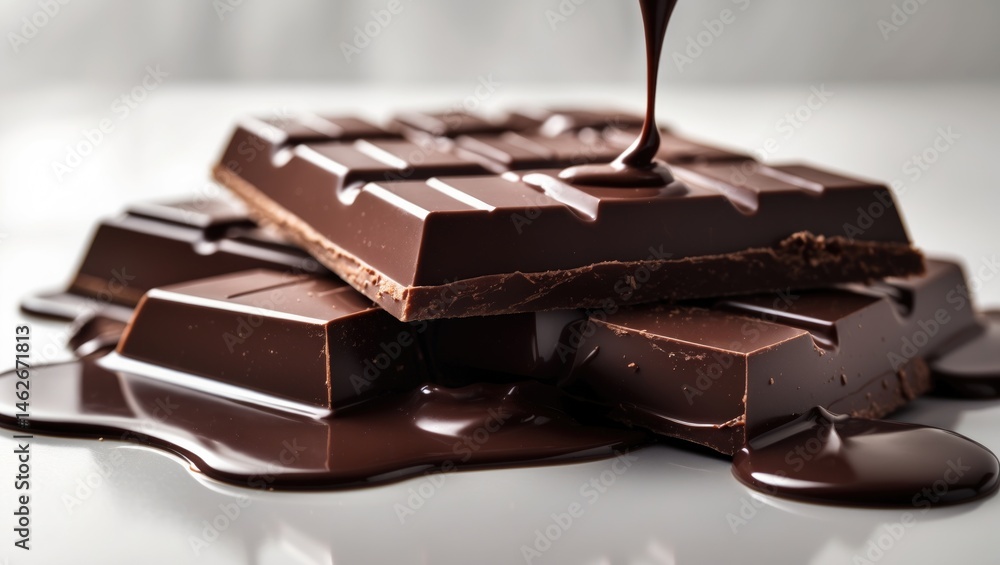 Poster macro shot of chocolate bars and liquid cocoa syrup against a plain background