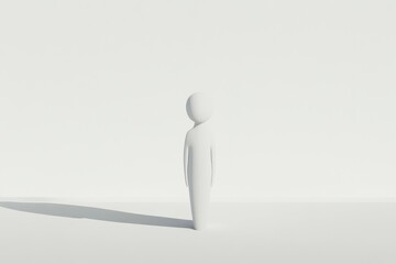 Simple white figure in a minimalist setting.  A single,  3D rendered,  pale white figure stands centrally in a bright white room, casting a subtle shadow