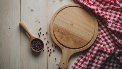 Wooden table on deck with red cloth for pizza, product layout, retro mock-up.