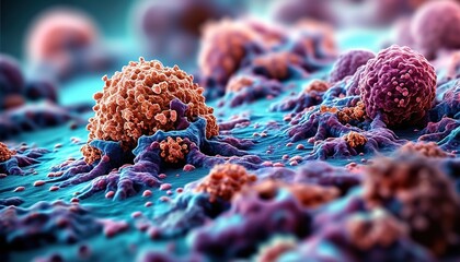 Microscopic view of cancer cells, detailed 3D medical illustration of tumor growth on tissue surface