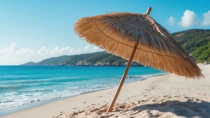 Fototapeta premium Seaside scene featuring a beach umbrella under clear skies