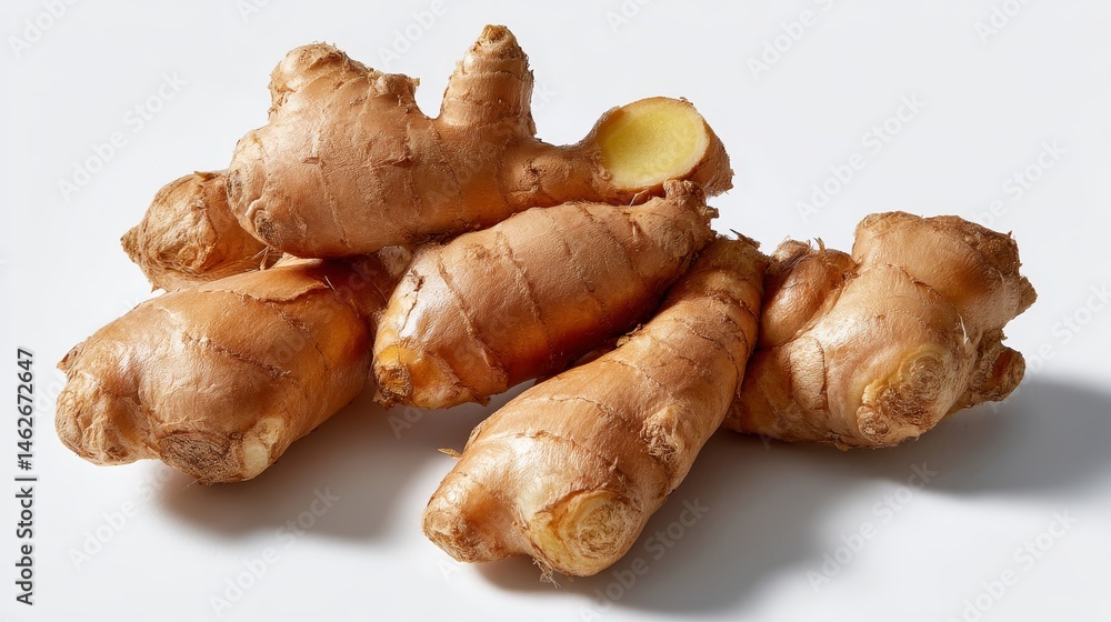 Poster fresh ginger root displays intricate textures and fibrous skin, illuminated by gentle light. a clean