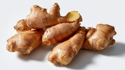 Fresh ginger root displays intricate textures and fibrous skin, illuminated by gentle light. A clean white background enhances the vibrant natural details