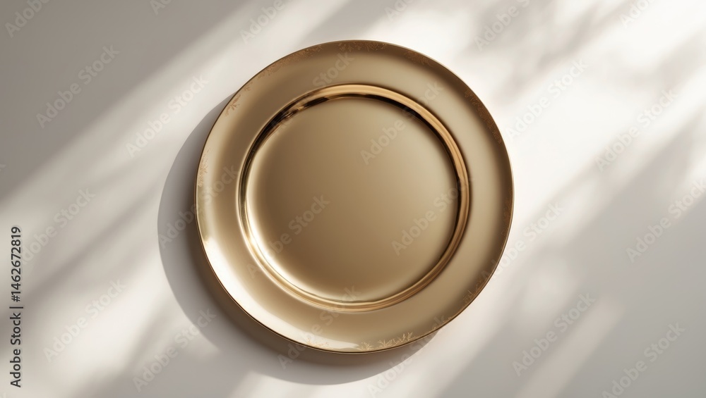 Poster overhead view of a golden plate set against background with clipping path. empty round gold flat pla