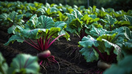 Growing beetroot plant amidst garden greenery