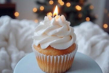 Fluffy white frosting cupcake with lit candle, Christmas lights in background.  Soft, warm tones