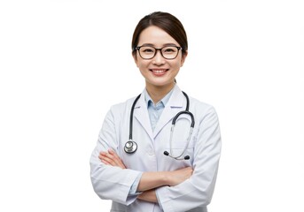 Fototapeta premium Portrait of a smiling doctor with glasses and crossed arms pose isolated on white background