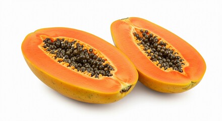 Two halves of a papaya fruit with orange flesh and black seeds on a white background close up view