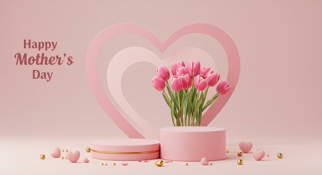Happy Mother's Day Pink Tulips on a Display Podium
