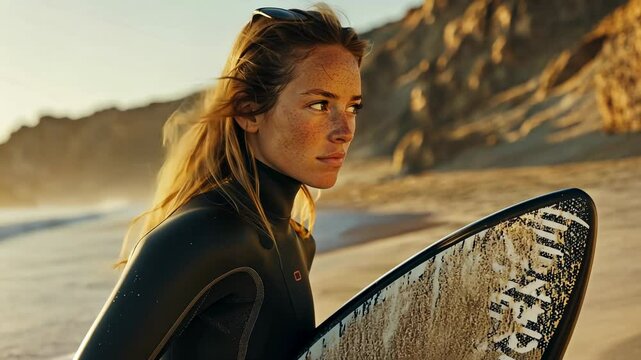 Empowered surfer woman at sunrise, poised for ocean waves with surfboard