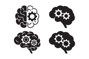 Brain with Gears Silhouette Icons AI Intelligence Mind Vector Art