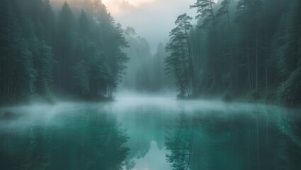 Fototapeta premium Tranquil summer morning in a green forest with a lake, fog, and reflective water